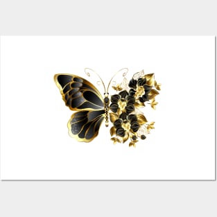 Gold Flower Butterfly with Black Orchid Posters and Art